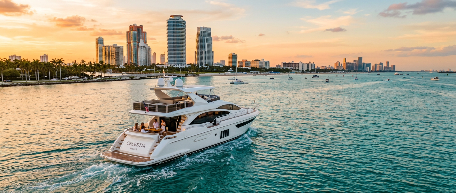 Luxury white yacht cruising Biscayne Bay with the Miami skyline behind